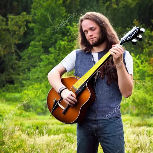 Image similar to a photo of a young man with long hair playing mandolin in the wilderness