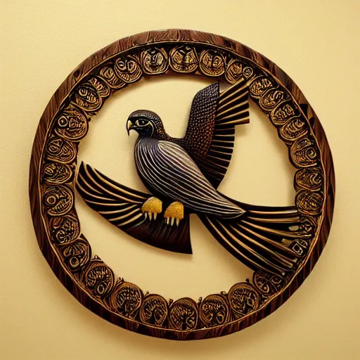 Image similar to gorgeous ornated wooden realistic detailed sacred falcon wall decoration with golden filigree led