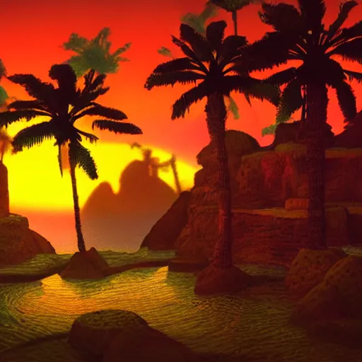 Prompt: photo of a real sunset inside the first level of donkey kong country ( 1 9 9 4 ), real life, photorealistic, soft focus, long exposure
