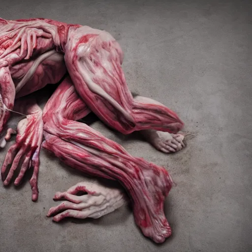 Prompt: an 8 k uhd digital photo of a zombie with crumpled on the bathroom floor showing raw elbows and bent knees and flesh and meat and tendon