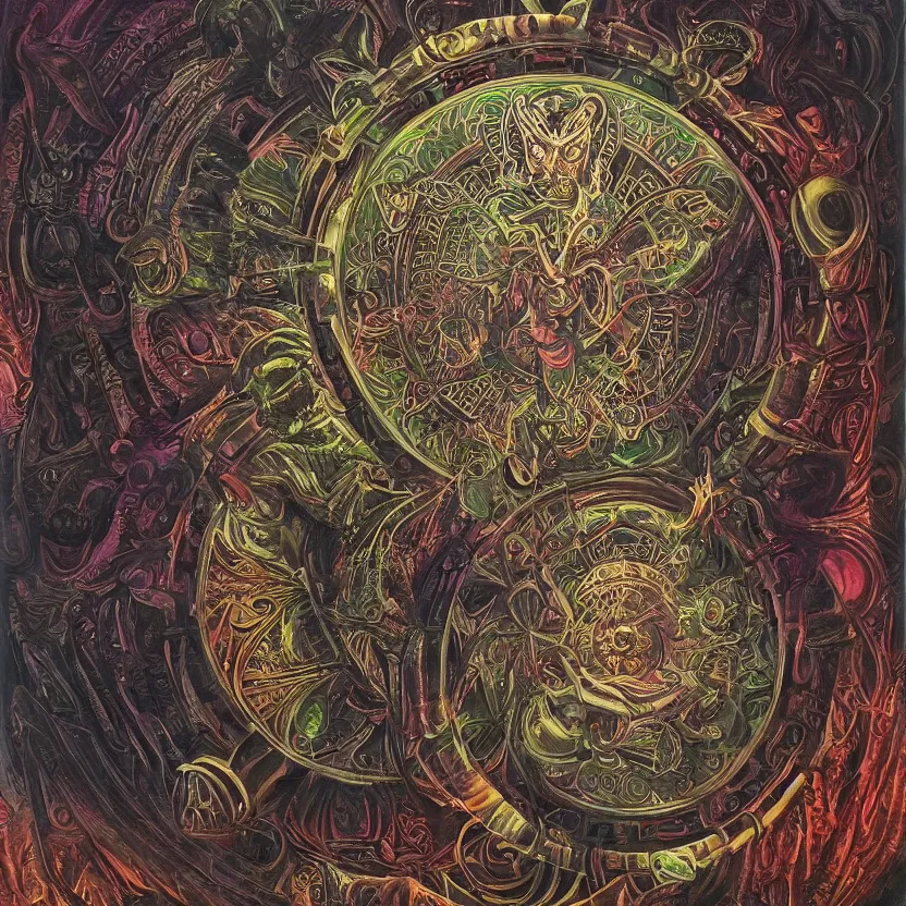 Prompt: biomechanical kali yantra mandala, volumetric shadows and lighting, psychedelic colors, realistic oil painting by h. r. giger,