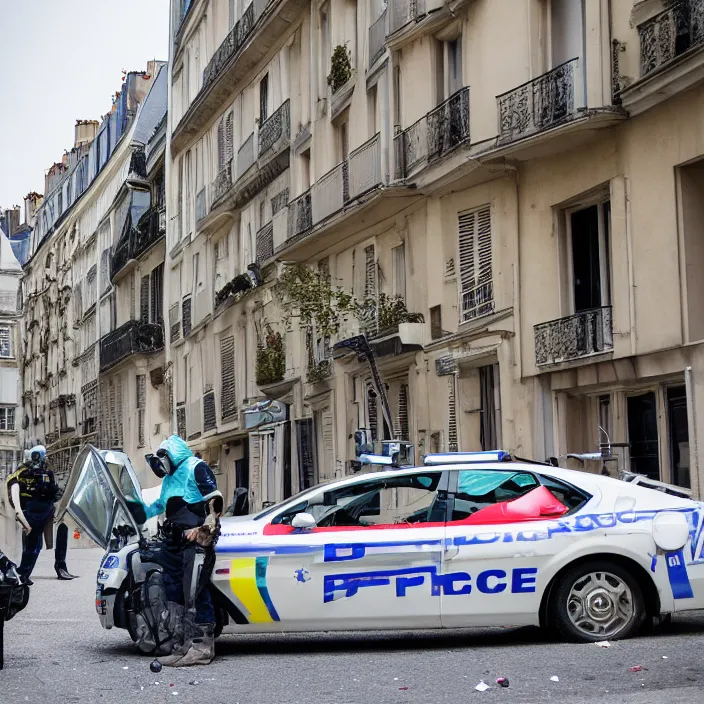 Prompt: car in the form of a space horse, police collecting evidence on a crime scene in a Parisian apartment, Sigma 70mm f/2.8 DG DN Art