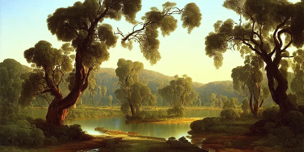 Image similar to landscape painting of a old blue gum tree next to a meandering river by alexei savrasov and thomas cole, artstation