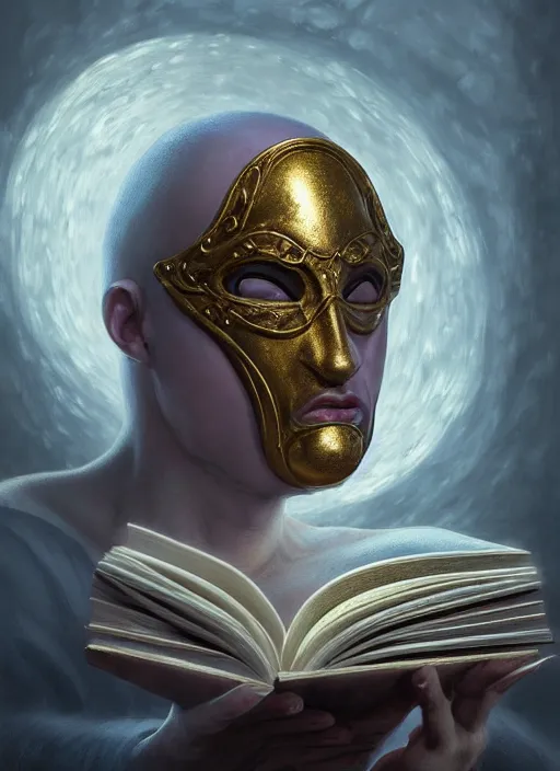 Prompt: Magic Floating Thespian Mask reading a book, bodyless, theater mask, mask only, Ivan Aivakovsky, Boris Vallejo, epic fantasy character art, D&D Concept Art, Realistic, Regal, Refined, extremely detailed, Detailed Digital Art, Oil Paining, Exquisite detail, post-processing, masterpiece, Cinematic Lighting, Unreal Engine, 8k, HD, Stanley Artgerm Lau, WLOP, Rossdraws, Frank Frazetta, Andrei Riabovitchev, Marc Simonetti, trending on artstation, flawless