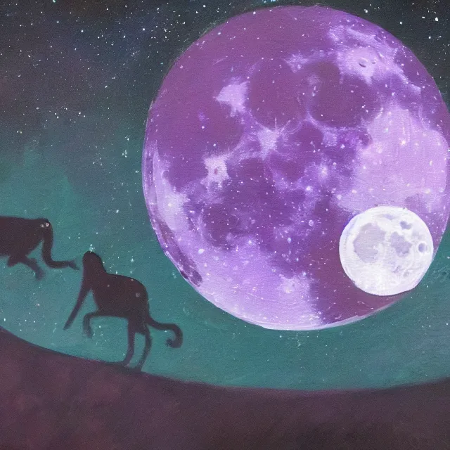 Image similar to closeup of a purple panther roaring at the moon in the forest. night. large moon in the center. cinematic. oil painting. concept art