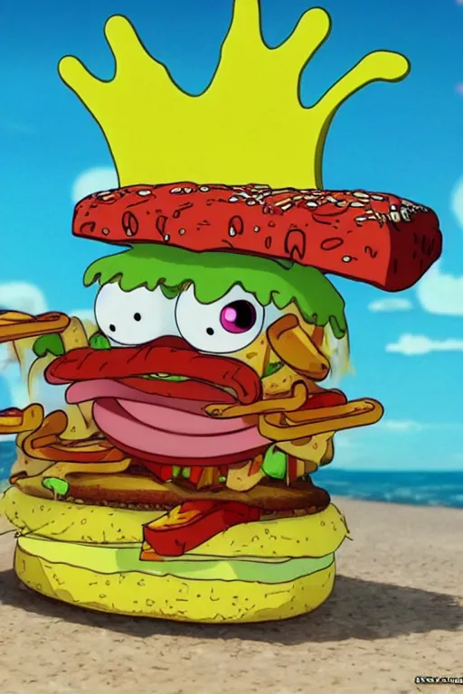 Image similar to sifi spongebob fight mr crabs for a burger, anime, 4 k