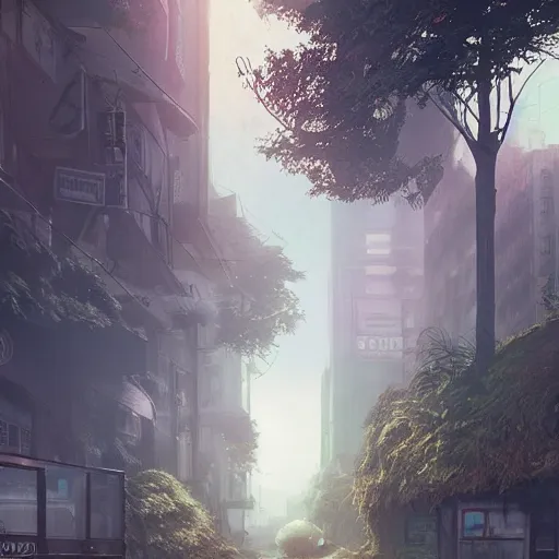 Image similar to overgrown city street atmospheric, kodak, fuji film, photoreal, 12k ursa, volumetric light, cinematic photograph concept art, intricate, artstation, studio ghibli, eddie mendoza, james chadderton