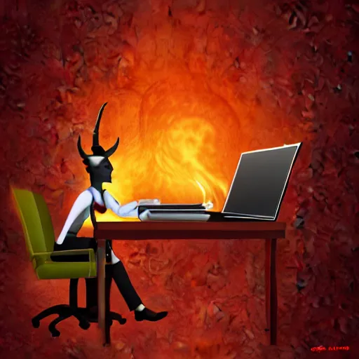 Image similar to a demon programmer gentleman ~ using a laptop ~ lava background ~ digital art ~ two horns ~ sitting on a chair ~