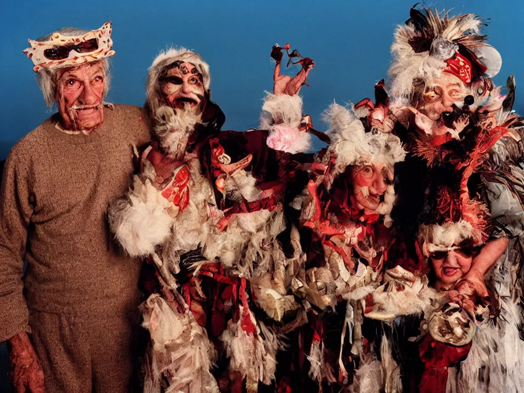 Prompt: a couple of grandparents of 1 0 0 years old wearing cursed costumes and dancing on a beach, extreme long shot, kodachrome, backlight, add a glow around subj. edge, in twin peaks, studio light, 1 9 9 0 s