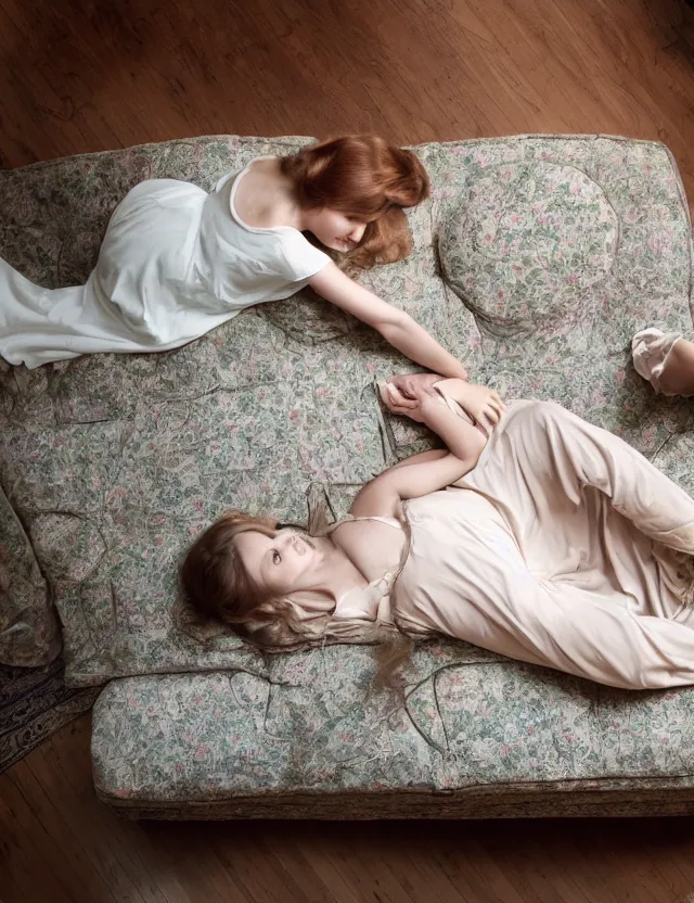 Image similar to girl laying on a couch in a country house and smoking, lolita aesthetics, high angle view, Cottage core, Cinematic focus, Polaroid photo, vintage, neutral colors, soft lights, foggy, by Steve Hanks, by Serov Valentin, by lisa yuskavage, by Andrei Tarkovsky, by Terrence Malick, 8k render, detailed, oil on canvas