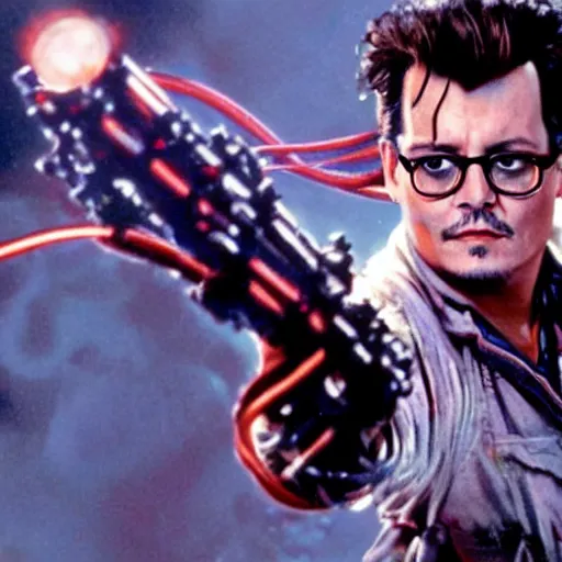 Image similar to stunning awe inspiring johnny depp as a ghostbuster in the movie ghostbusters, movie still 8 k hdr atmospheric lighting