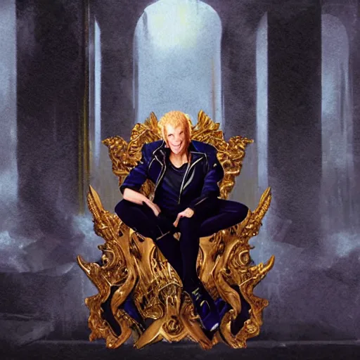 Prompt: dio from jojo's bizarre adventure sitting on a throne, matte painting by greg rutkowski, dim lighting