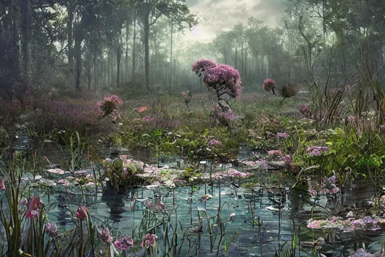 Image similar to hyperrealism, scene from louisiana swamps, starship, spring blooming flowers garden, true detective, 8 0 s japanese sci - fi books art