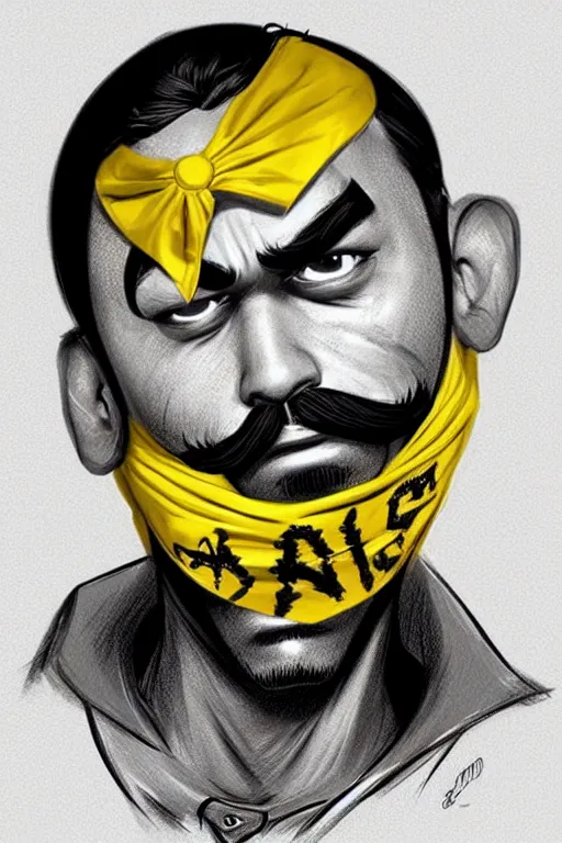 Image similar to gang saints wear yellow bandanas, and some of them have thick mustaches, concept art, pop art style, dynamic comparison, proportional, bioshock art style, gta chinatowon art style, hyper realistic, face and body features, without duplication noise, complicated, sharp focus, intricate, concept art, art by artgerm, mimmo rottela,