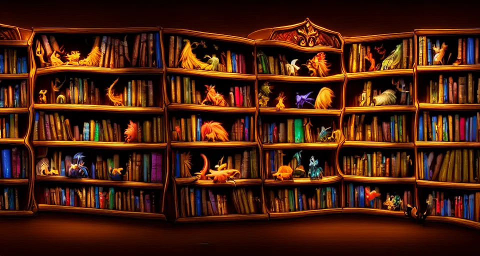 Image similar to a bookshelf of wonderful magical creatures, cinematic lighting, detailed, 4 k