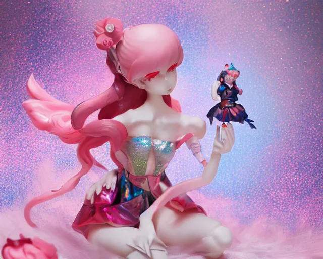 Prompt: James Jean and Ilya Kushinov isolated magical girl vinyl figure, figure photography, holographic undertones, glitter accents on figure, anime stylized, high detail, ethereal lighting - H 640