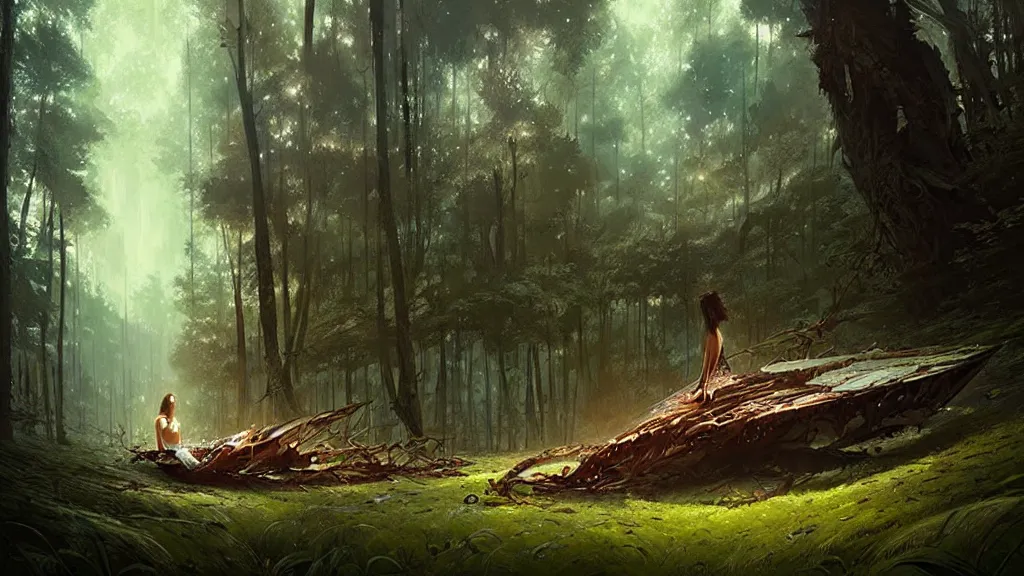 Image similar to a queen wrecked and lost in the forest, detailed digital art by greg rutkowski.