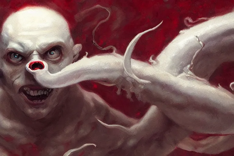 Image similar to painting by greg rutkowski of a flying human head and face that is chalk white in color, with tentacles coming of the neck, red eyes, flying in a terrying hell like cavernous place