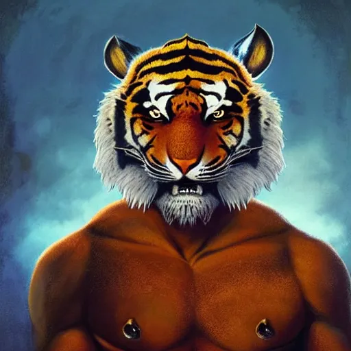 Image similar to head and shoulders portrait of a tiger rakshasa in a luxurious indian setting, d & d, fantasy, greg rutkowski, frank frazetta, alexandre chaudret, boris vallejo, michael whelan, miro petrov, hr giger, magali villeneuve, donato giancola