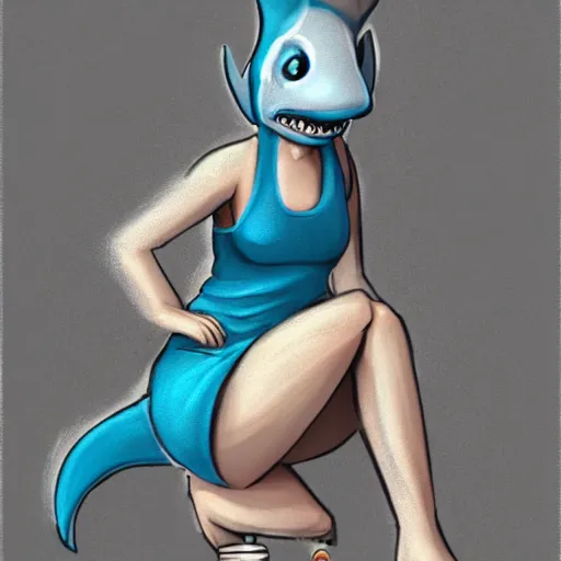 Image similar to female anthropomorphic shark fursona, athletic, sitting on concrete stairs, wearing a tank top and cargo pants, looking forward, realistic painting, furry art, trending on art station, pointing forward