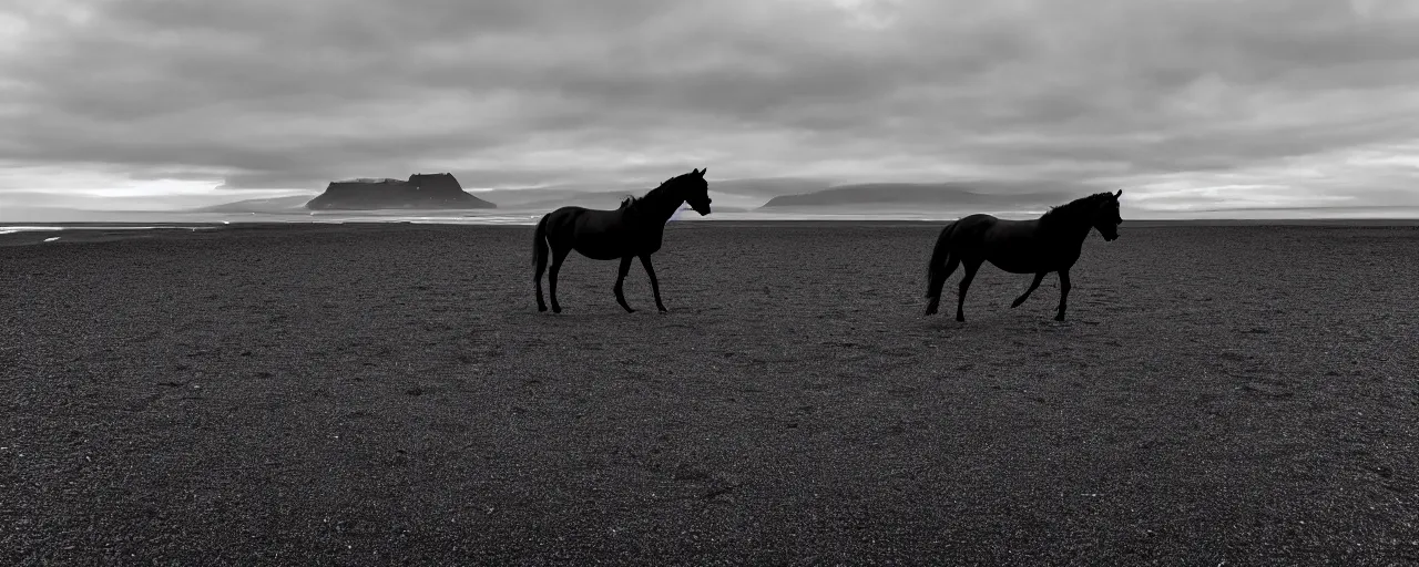 Image similar to low angle cinematic shot of lone futuristic horse in the middle of an endless black sand beach in iceland, iceberg, 2 8 mm