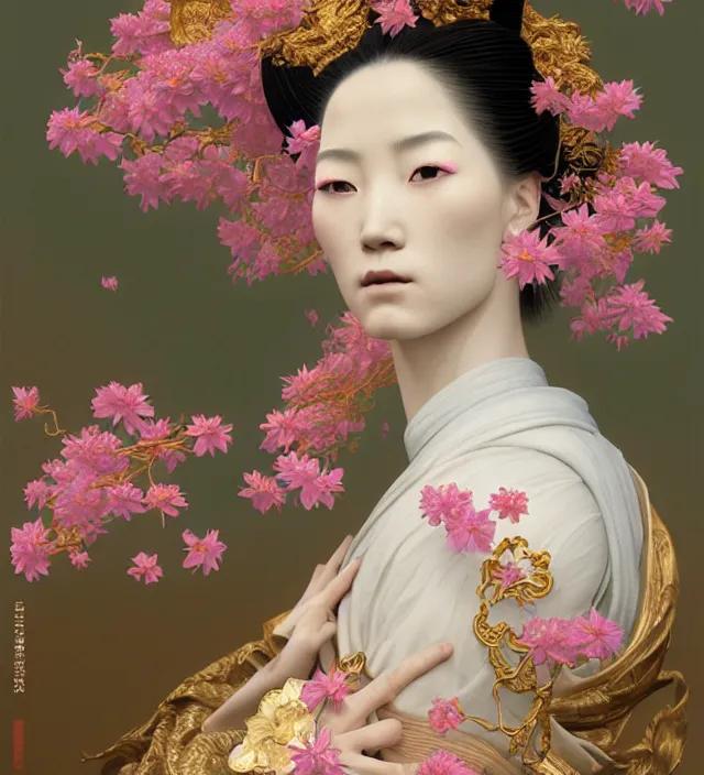 Image similar to baroque portrait of a geisha woman of porceline skin half emerged from river made of thousand of flowers, cinematic lighting, photorealistic, octane render, 8 k, depth of field, art by artgerm and greg rutkowski and alphonse mucha and uang guangjian