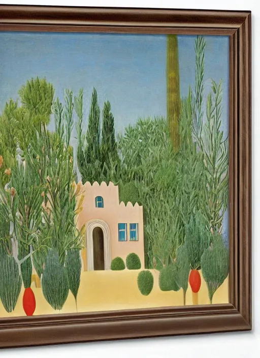 Prompt: A villa in the middle of the desert, fountain, olive trees, ornaments by Henri Rousseau,