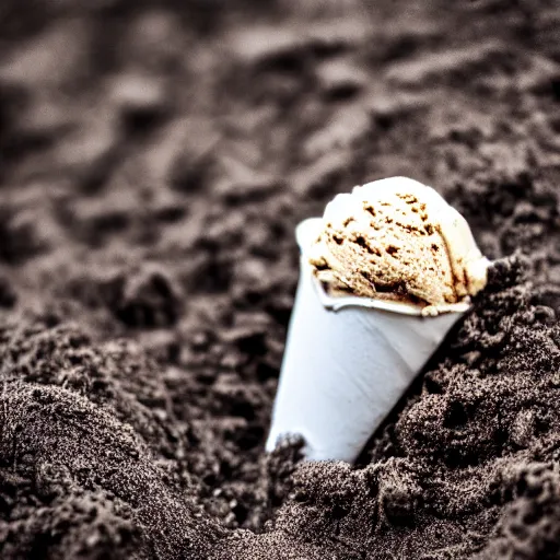 Image similar to macro photo of an ice cream cone covered in dirt and hair