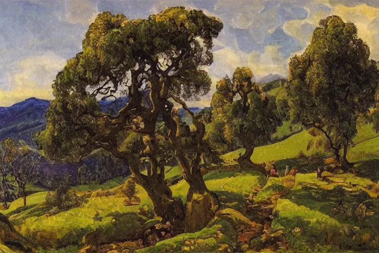 Image similar to masterpiece painting of oak trees on a hillside overlooking a creek, dramatic lighting, by frederick varley