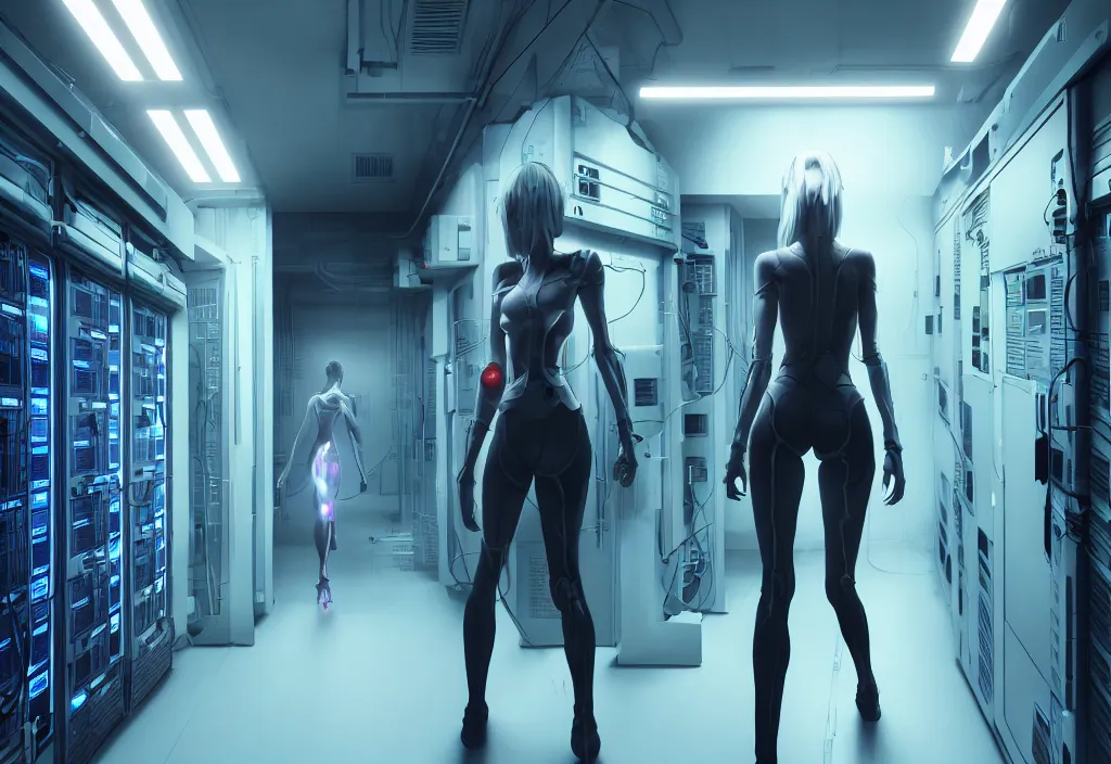 Image similar to android walking in server room in datacenter, shot of film by cyberpunk syle, character design, proportional body, whole body, whole figure, very realistic cinematic concept art, complementary color, realistic detailed, sharp lines, trending on artstation, volumetric lighting, by karol bak, by yukito kishiro artstation, octane render