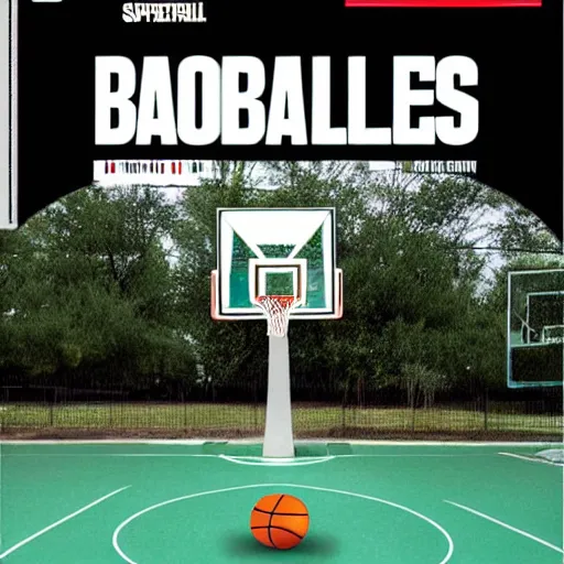 Image similar to basketball shaped like a cube on basketball court shaped like an oval, sports magazine cover