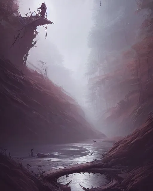 Image similar to professional ominous concept art portrait of a winding river by artgerm and greg rutkowski. an intricate, elegant, highly detailed digital painting, concept art, smooth, sharp focus, illustration, in the style of simon stalenhag, wayne barlowe, and igor kieryluk.