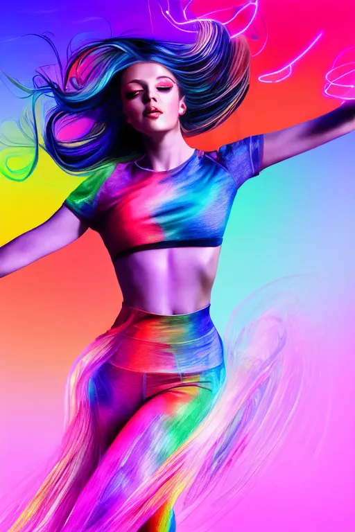 Prompt: a award winning half body portrait of a beautiful woman with stunning eyes in a croptop and leggings with reinbow colored ombre hairstyle head in motion and hair flying while dancing by thomas danthony, surrounded by whirling illuminated lines, outrun, vaporware, shaded flat illustration, digital art, trending on artstation, highly detailed, fine detail, intricate