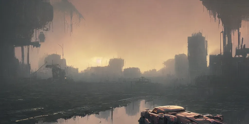 Image similar to bright render of huge mecha, by Ian McQue, Rutkowski, lee madgwick and hubert robert, concrete building by le corbusier on the background, puddles of water, trees and bushes, blade runner style, neon glow, vivid color, moody lighting, unreal engine, sunrise, epic skies, foggy