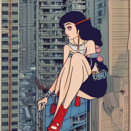 Prompt: Full body portrait of a young woman sitting on the ledge of a high rise building, cyberpunk, cel illustration, exquisitely detailed, Monkey Punch, Hayao Miyazaki, Kazuma Kaneko