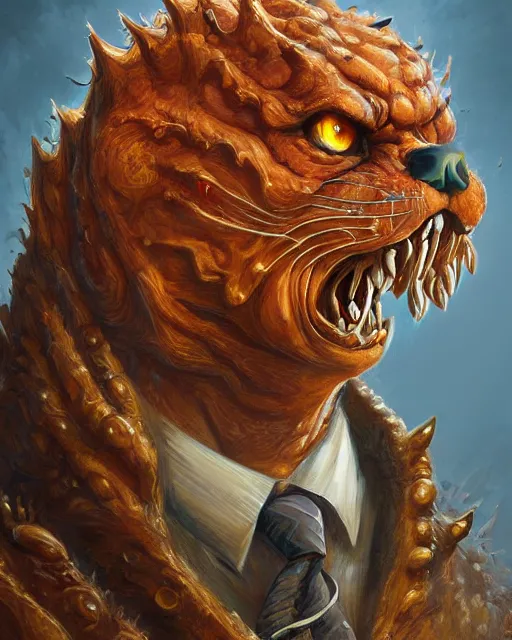 Image similar to portrait of Garfield as a large Lovcraftian monster, fantasy, intricate, elegant, highly detailed, digital painting, artstation, concept art, smooth, sharp focus, illustration, art by artgerm and greg rutkowski