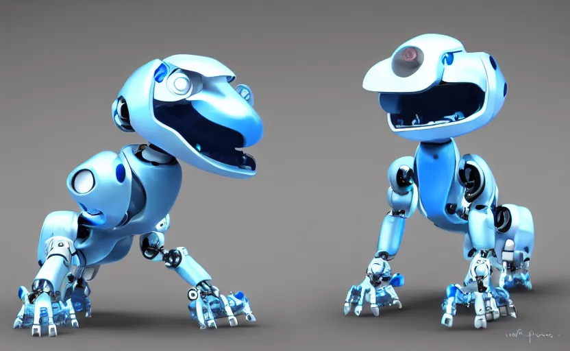 Prompt: cute robotic griffin, white and blue metal, in the style of Pixar, CGI, trending on art station, 8K
