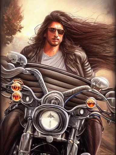 Image similar to handsome man with long hair riding a harley davidson. intricate, elegant, highly detailed, digital painting, artstation, concept art, sharp focus, illustration, by justin gerard and artgerm, 8 k