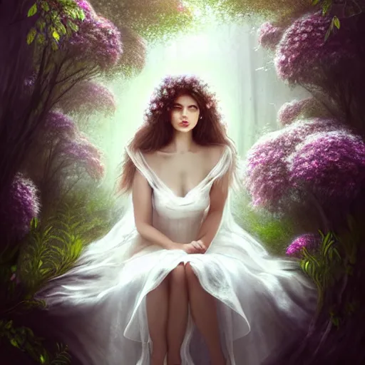 Image similar to a picture of a beautiful woman in a white organza dress and covered in flowers and leaves sitting sitting in an enchanted forest, high fantasy, elegant, epic, detailed, intricate, digital painting, concept art, realistic detailed face, smooth, focus, volumetric light and rim light,