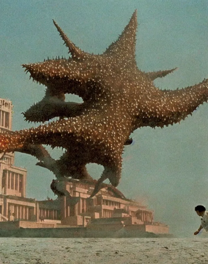 Image similar to a filmstill of a north korean monster movie, kaiju - eiga monster starfish - like trampling a traditional korean palace, foggy, film noir, epic battle, etheral, explosions, communist propaganda, communist epic thriller, by akira kurosawa and wes anderson video compression