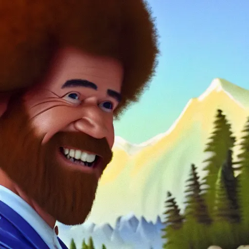 Image similar to a closeup photorealistic photograph of bob ross working on a canvas painting of fred flintstone. film still. brightly lit scene. mountains and trees. this 4 k hd image is trending on artstation, featured on behance, well - rendered, extra crisp, features intricate detail, epic composition and the style of unreal engine.