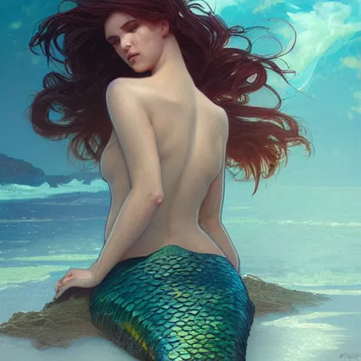 Prompt: beautiful mermaid emerging from the ocean, highly detailed, digital painting, artstation, concept art, sharp focus, illustration, art by artgerm and greg rutkowski and alphonse mucha