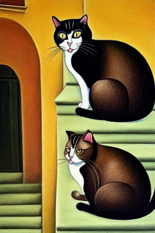 Image similar to a beautiful painting of a cat, sitting on the outside stairs of an house in a characteristic village in the south of Italy, Botero style, postcard, vintage