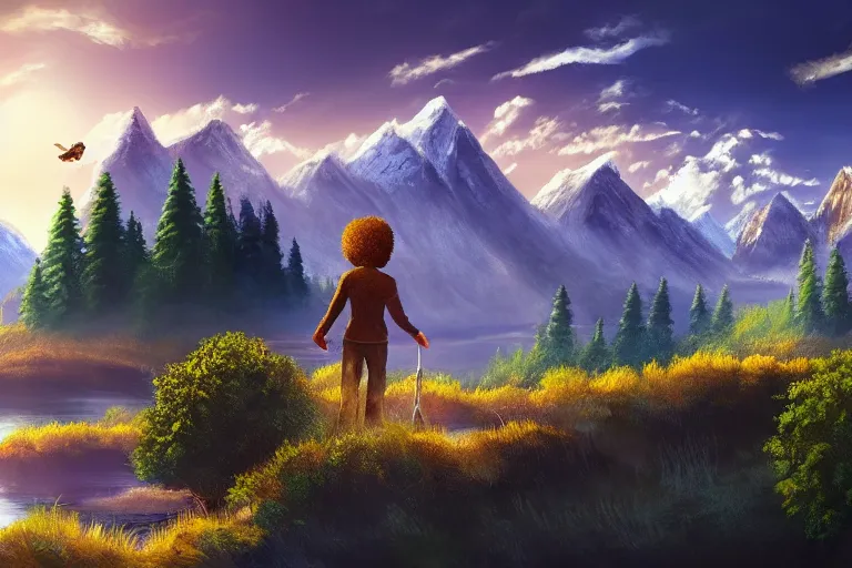 Prompt: bob ross with wings, beatiful place, mountains in background, dynamic lighting, cinematic lighting, clear sky, sun set