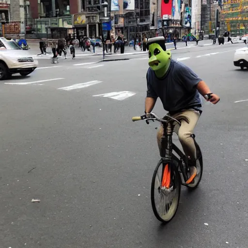 Prompt: a photograph of shrek riding a bicycle through new york city.