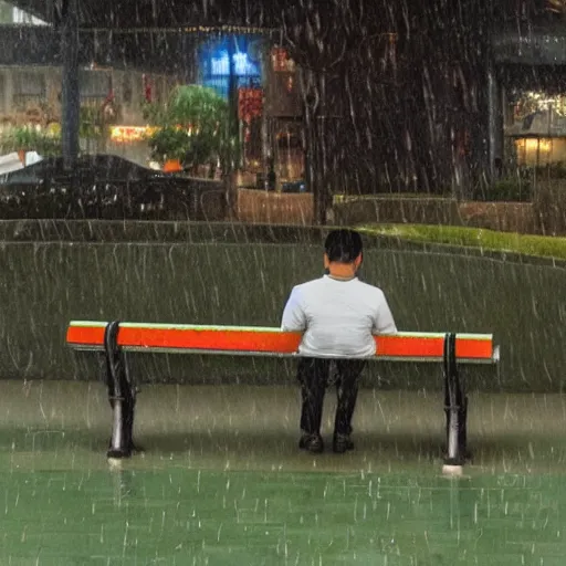 Image similar to A detailed portrait of Hu Tao from Genshin Impact sitting on a park bench in the rain.