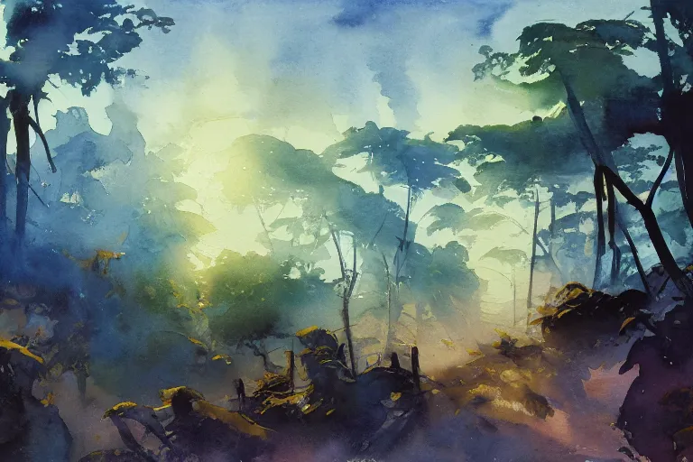 Prompt: small centered on watercolor paper, paint brush strokes, abstract watercolor painting of nightfall over jungle nature, cinematic light, national romanticism by hans dahl, by jesper ejsing, by anders zorn, by greg rutkowski, by greg manchess, by tyler edlin