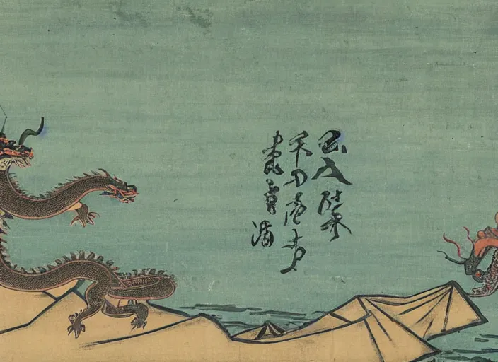 Prompt: Coherent Edo period art of a dragon above a seashore landscape