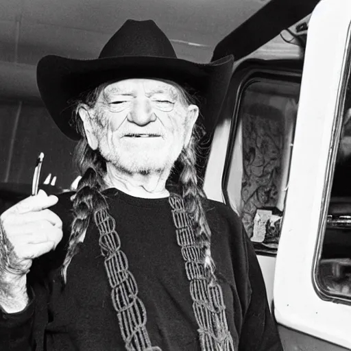 Image similar to willie nelson having a smoke in his trailer.