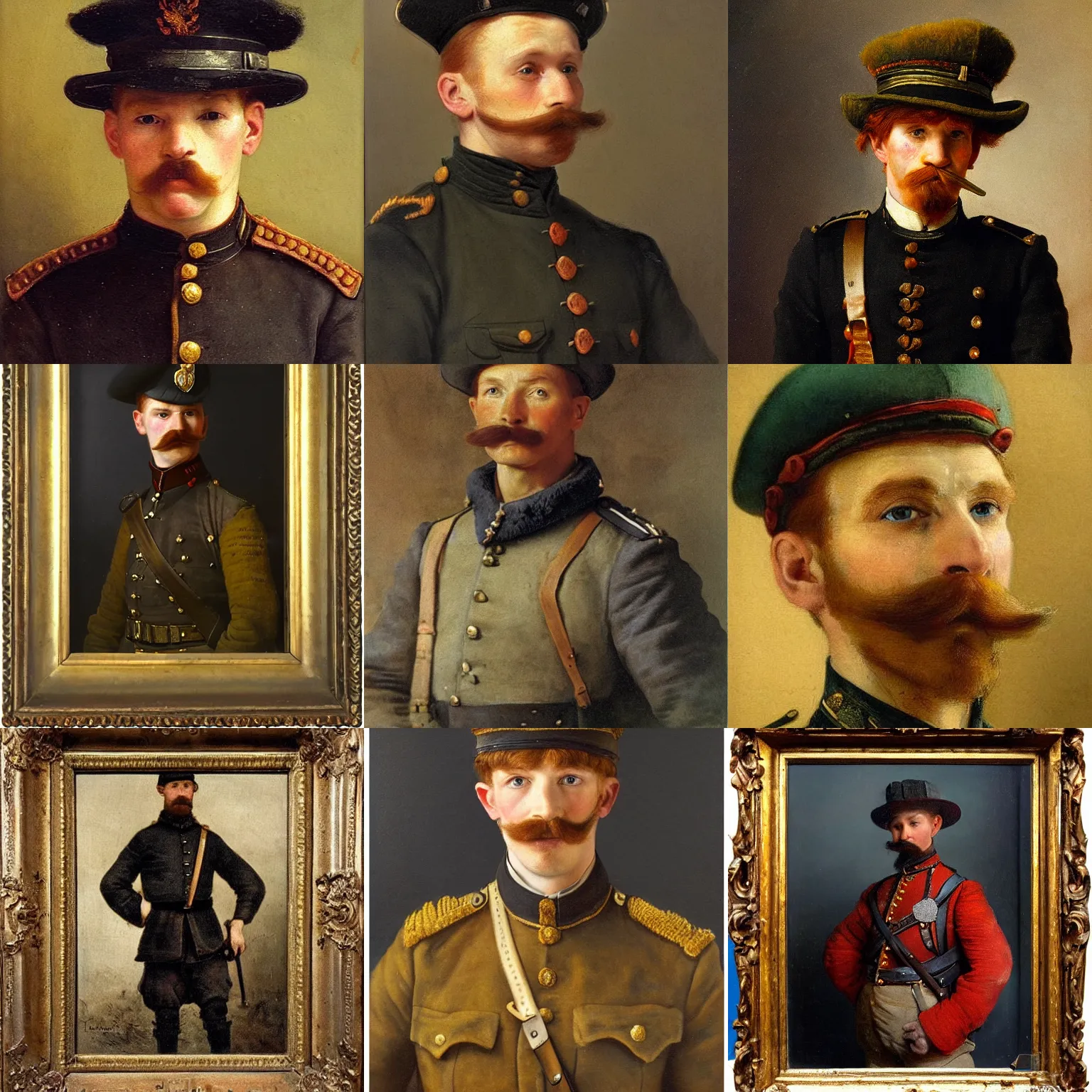 Prompt: late 1 9 th century, austro - hungarian!!! soldier ( handsome, 2 7 years old, redhead ( ( ( michał zebrowski ) ) ) with a small mustache ). old, detailed, hyperrealistic, 1 9 th century, full length, oil painting by rembrandt